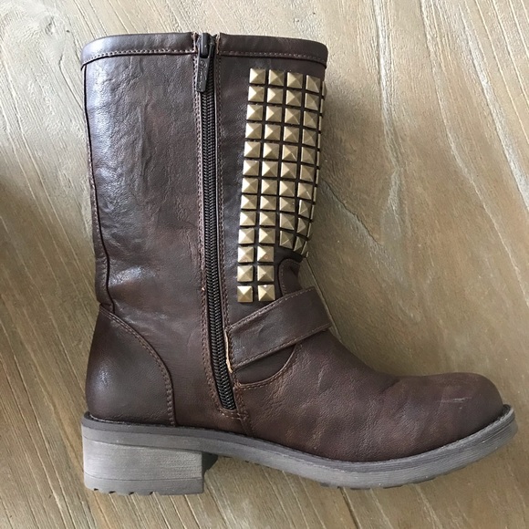 Studded Brown Moto Boot With Gold Buckles - Picture 3 of 7
